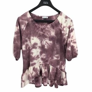 Thyme+Honey Tie Dye Peplum Top Purple High Low Short Sleeve Knit Stretch Size XL
